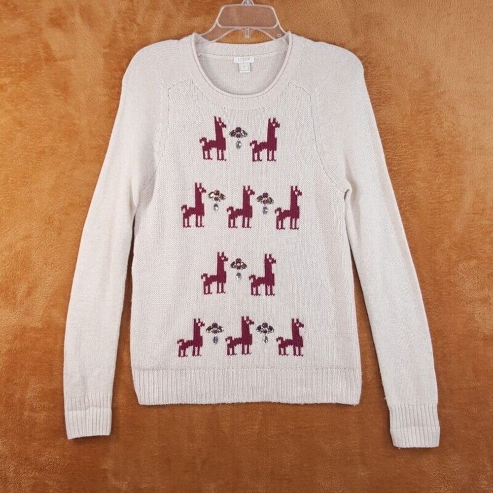 J CREW Women Sweater Small Tan Pullover Crew Wool Merino Wool Knit Llama Holiday
